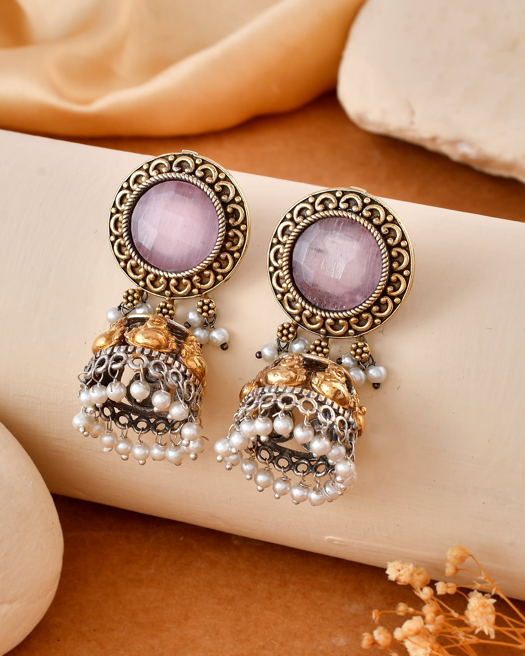 Pink Jhumka Dandiya White Metal Earrings
