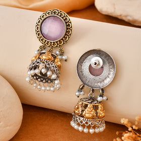 Pink Jhumka Dandiya White Metal Earrings