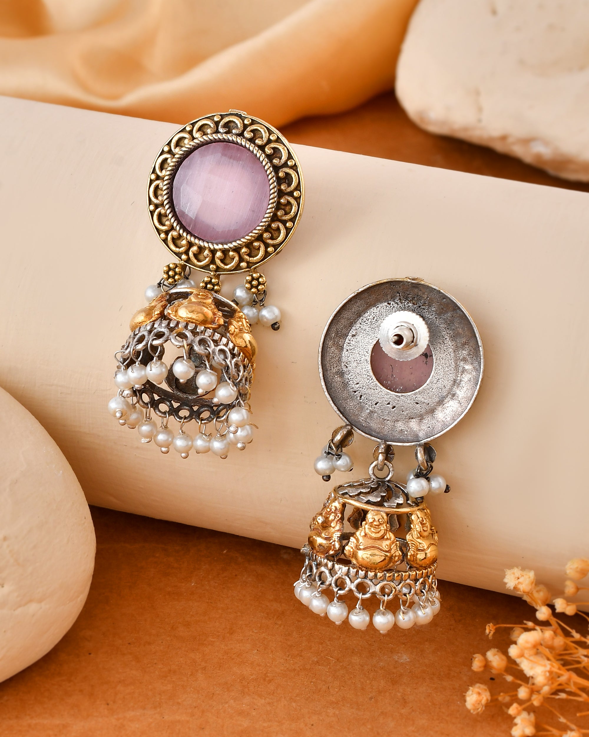 Pink Jhumka Dandiya White Metal Earrings