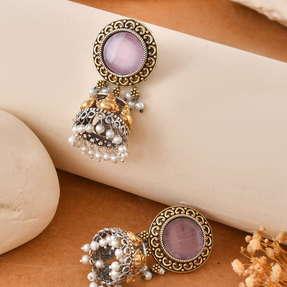 Pink Jhumka Dandiya White Metal Earrings