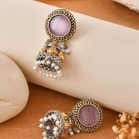 Pink Jhumka Dandiya White Metal Earrings