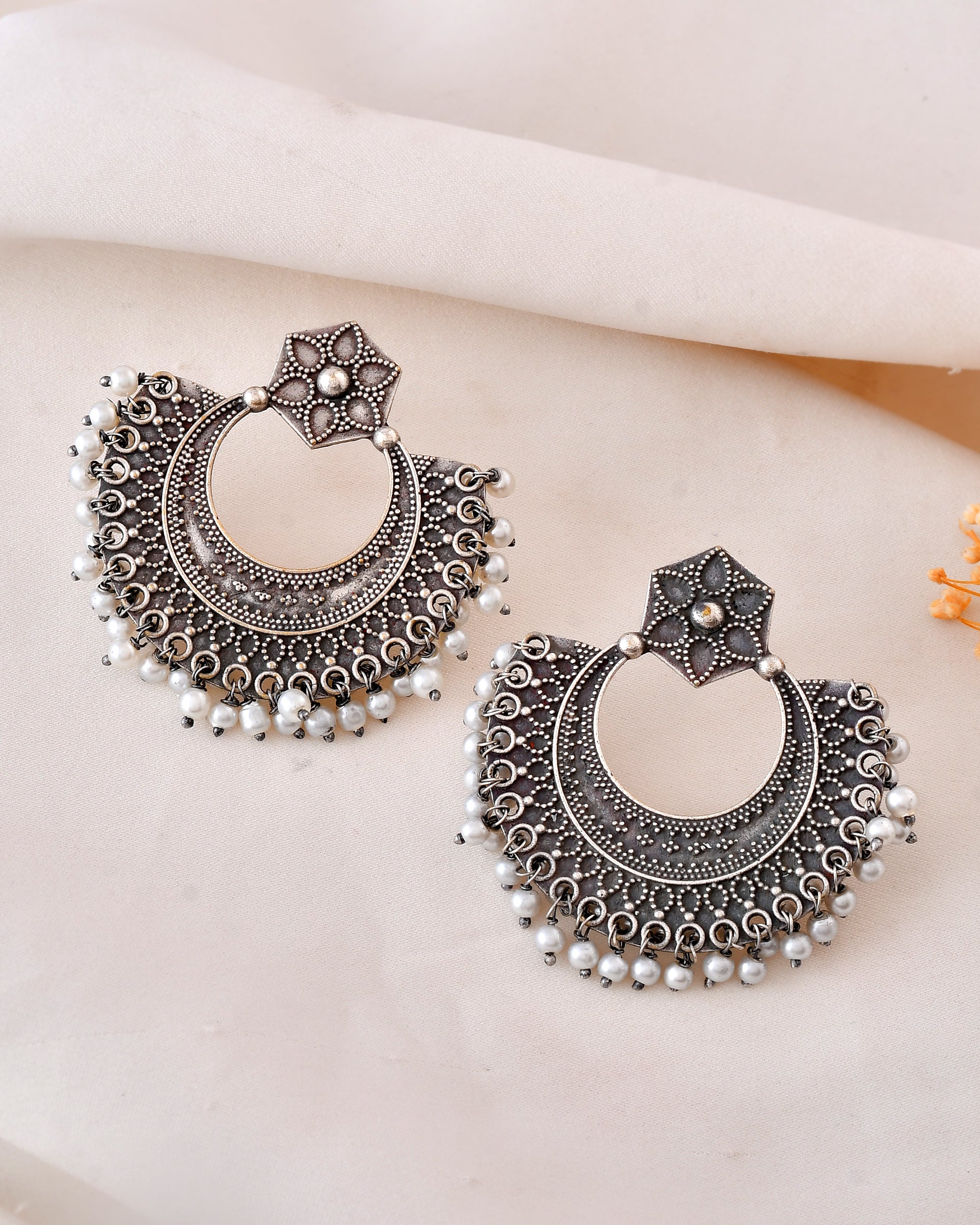 Pearl Crescent Dandiya Hoop Earrings