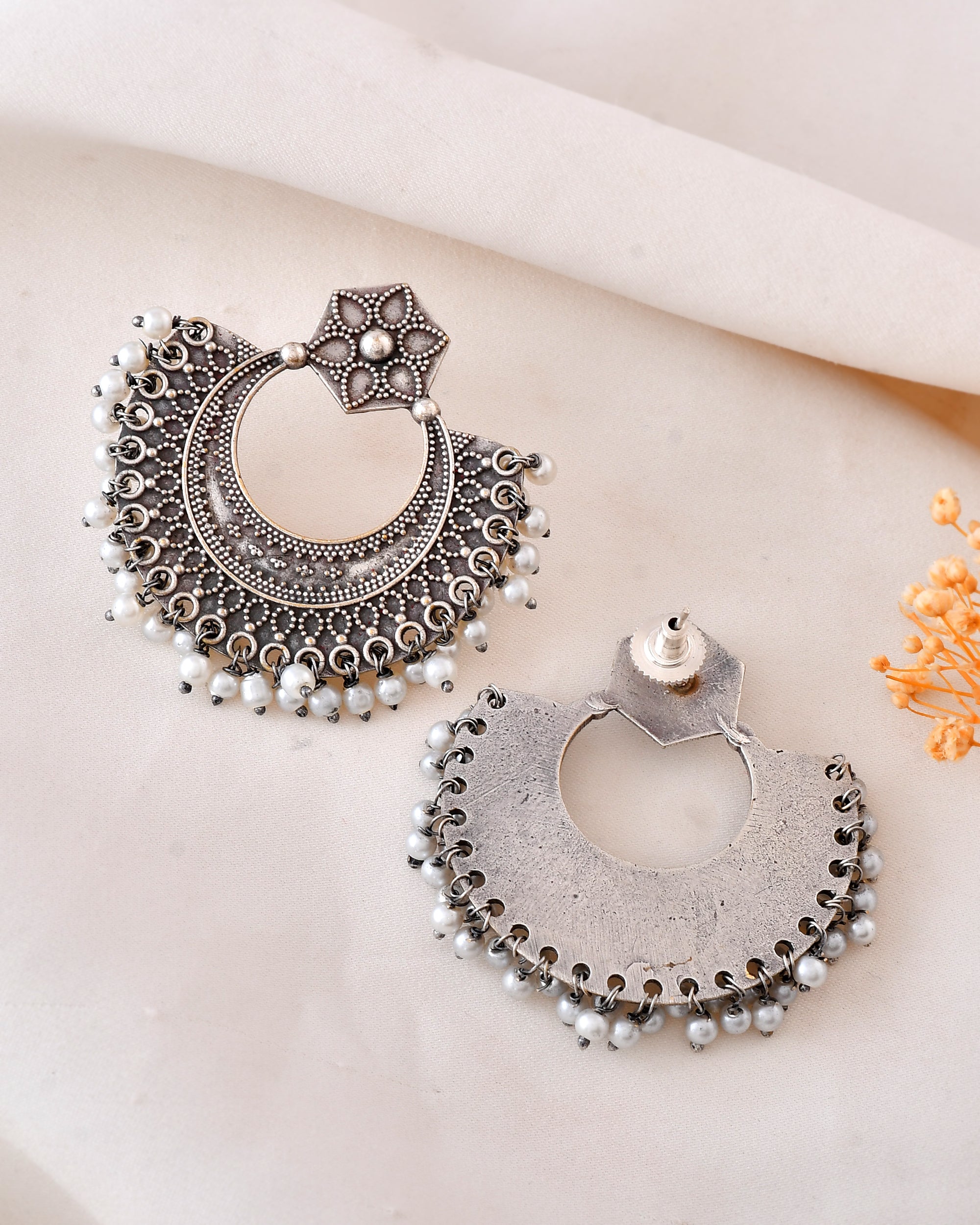 Pearl Crescent Dandiya Hoop Earrings