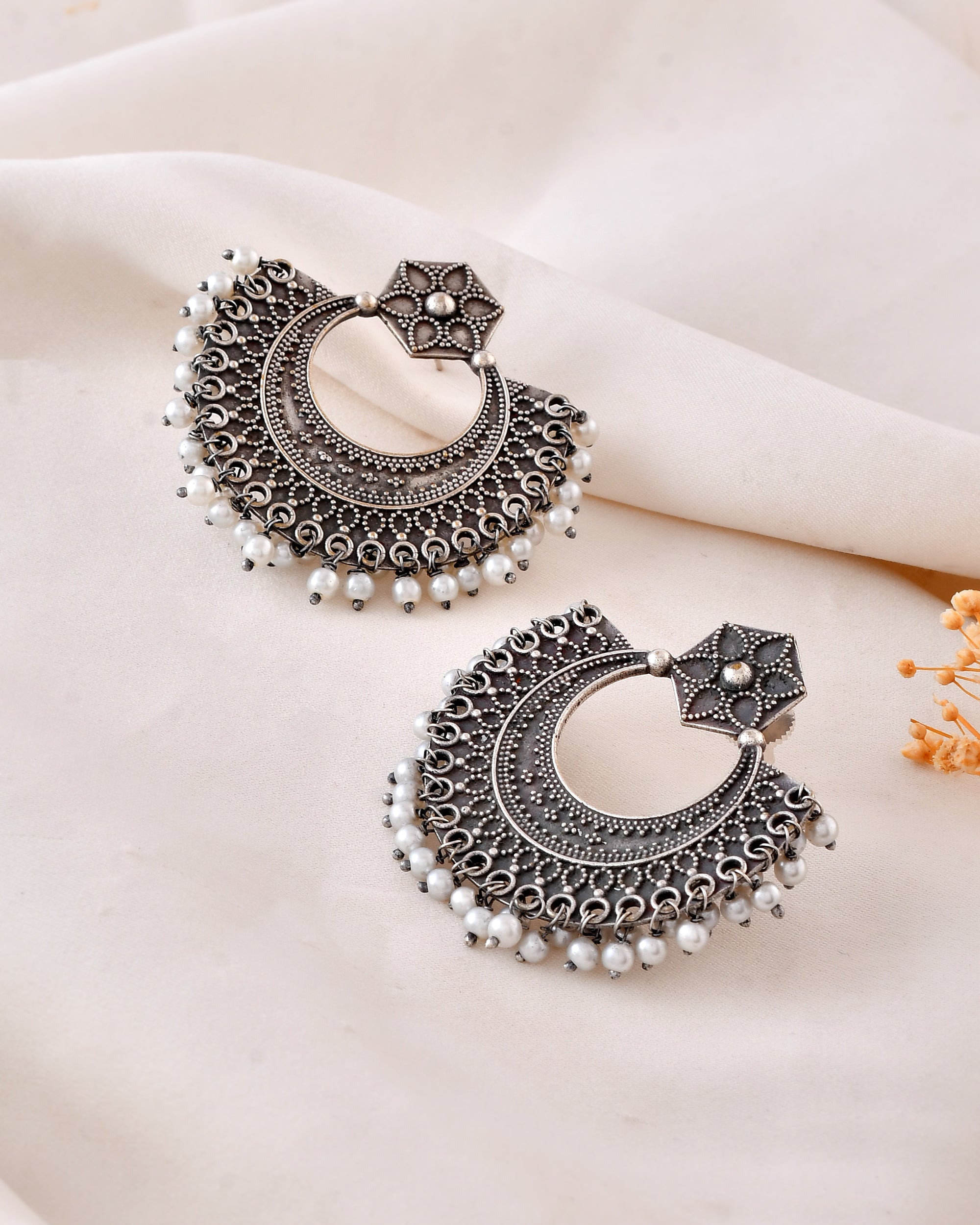 Pearl Crescent Dandiya Hoop Earrings