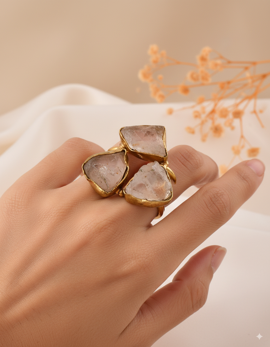 Rose Quartz Dandiya Statement Ring