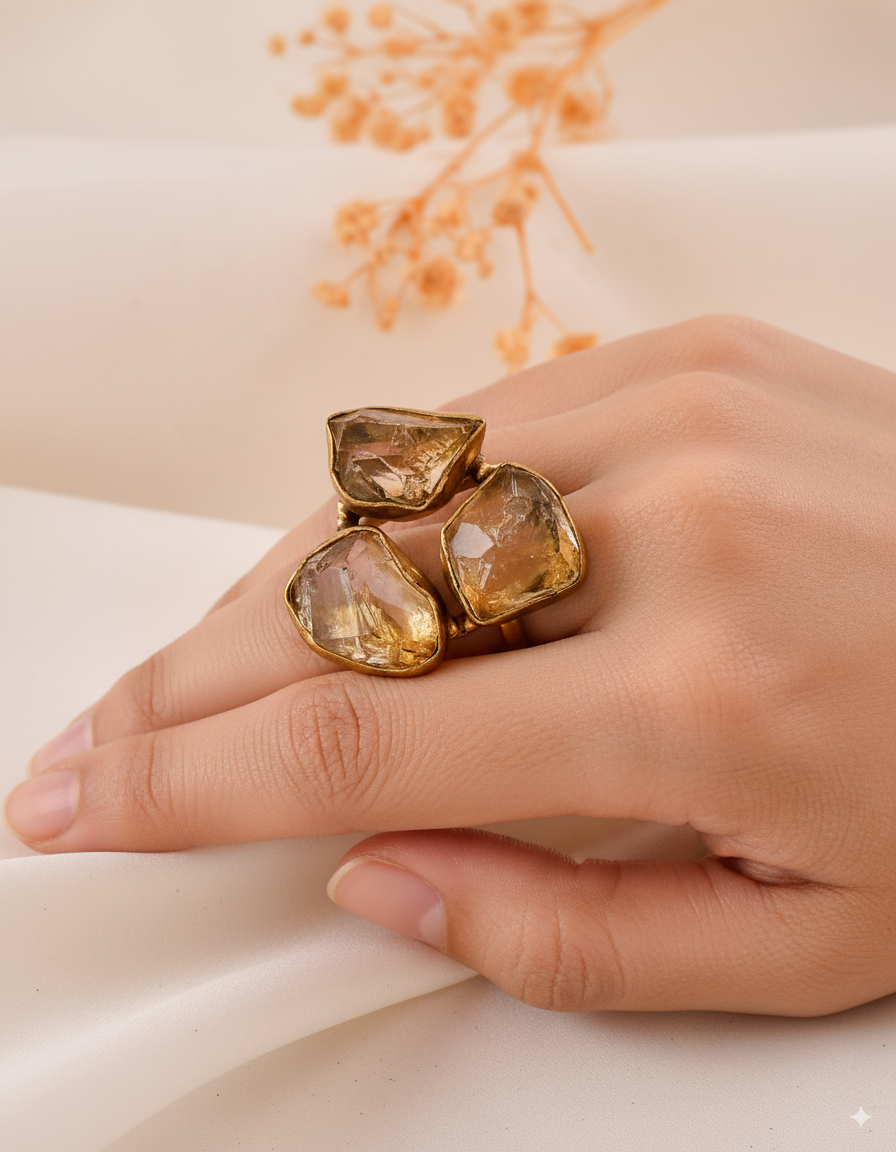 Golden Citrine Dandiya Statement Ring