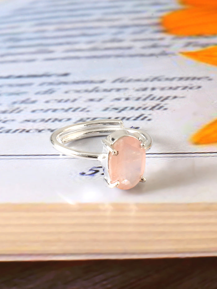 Natural Rose quartz Stone Cut Adjustable Ring (With Certificate))
