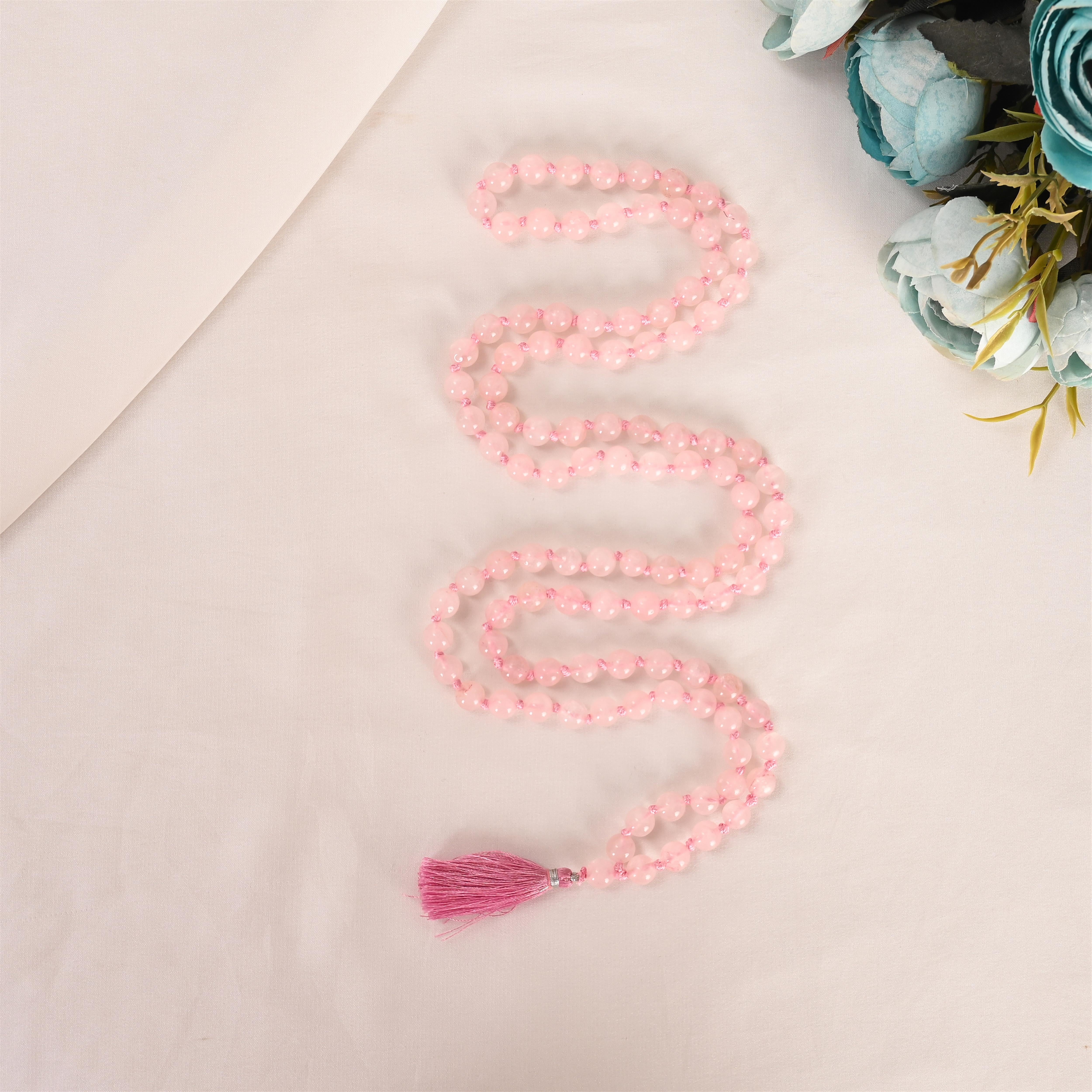 Natural Rose Quartz Mala (108 Beads) (With Certificate)