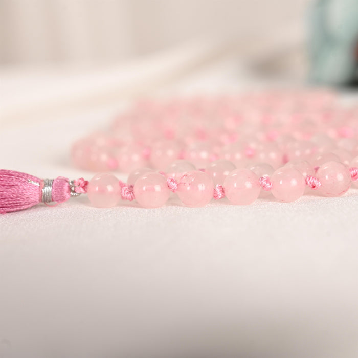 Natural Rose Quartz Mala (108 Beads) (With Certificate)