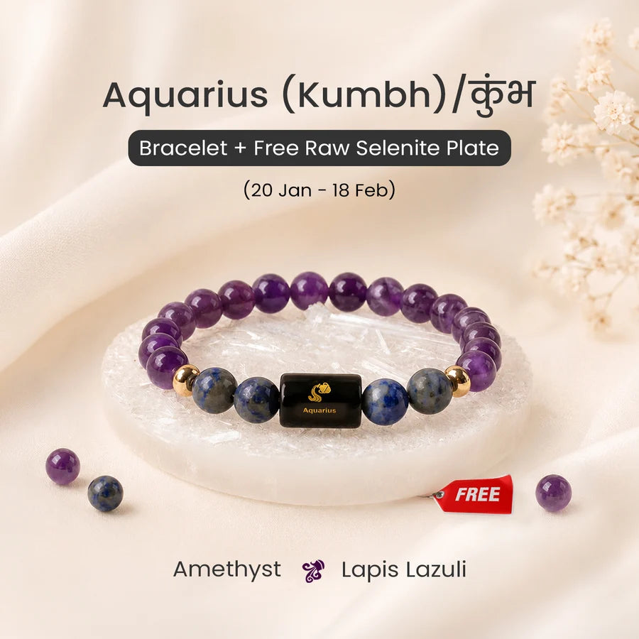 Aquarius (कुंभ राशि) Zodiac Bracelet (With Certificate) – Free Raw Selenite Plate