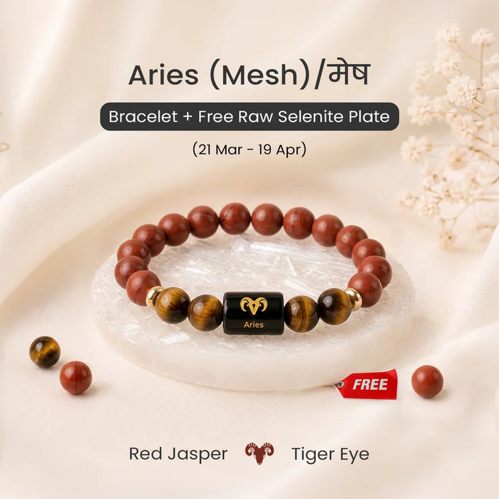 Aries (मेष राशि) Zodiac Bracelet (With Certificate) – Free Raw Selenite Plate