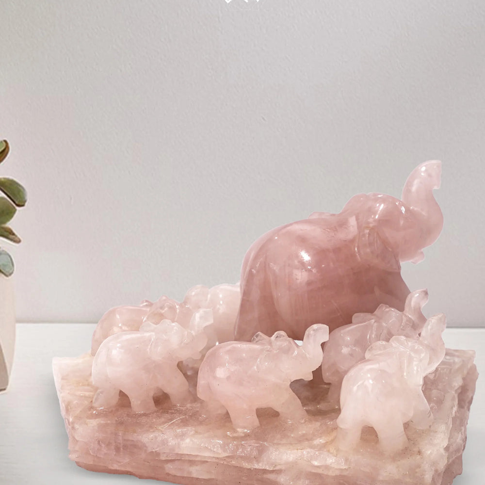 Rose Quartz Elephant Family Jaipur Crystal Gems