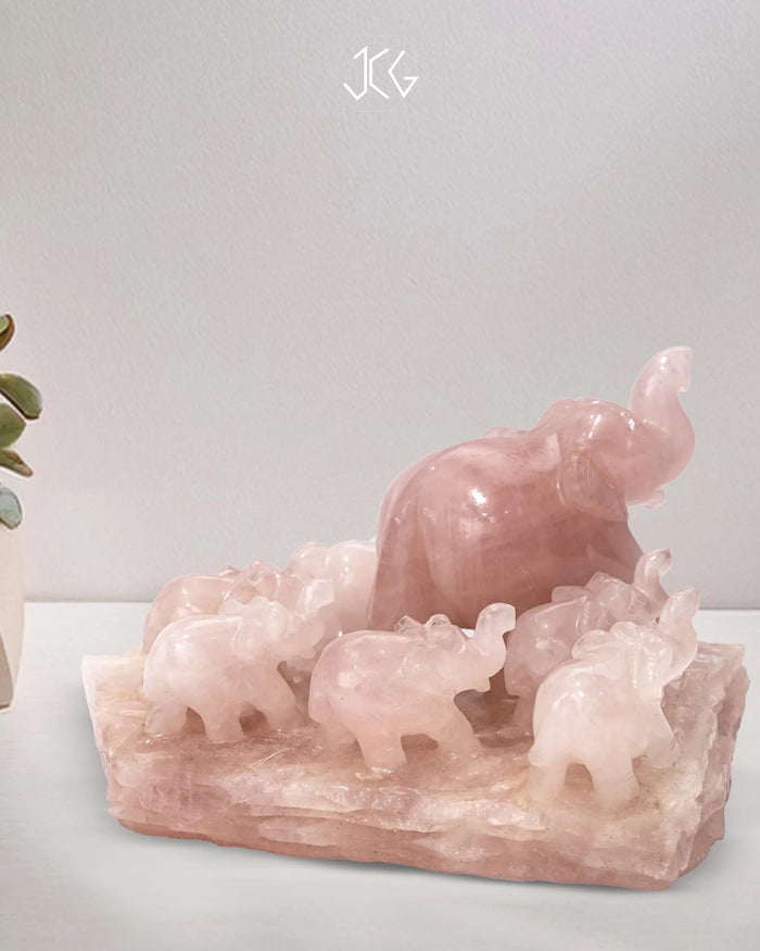 Rose Quartz Elephant Family Jaipur Crystal Gems