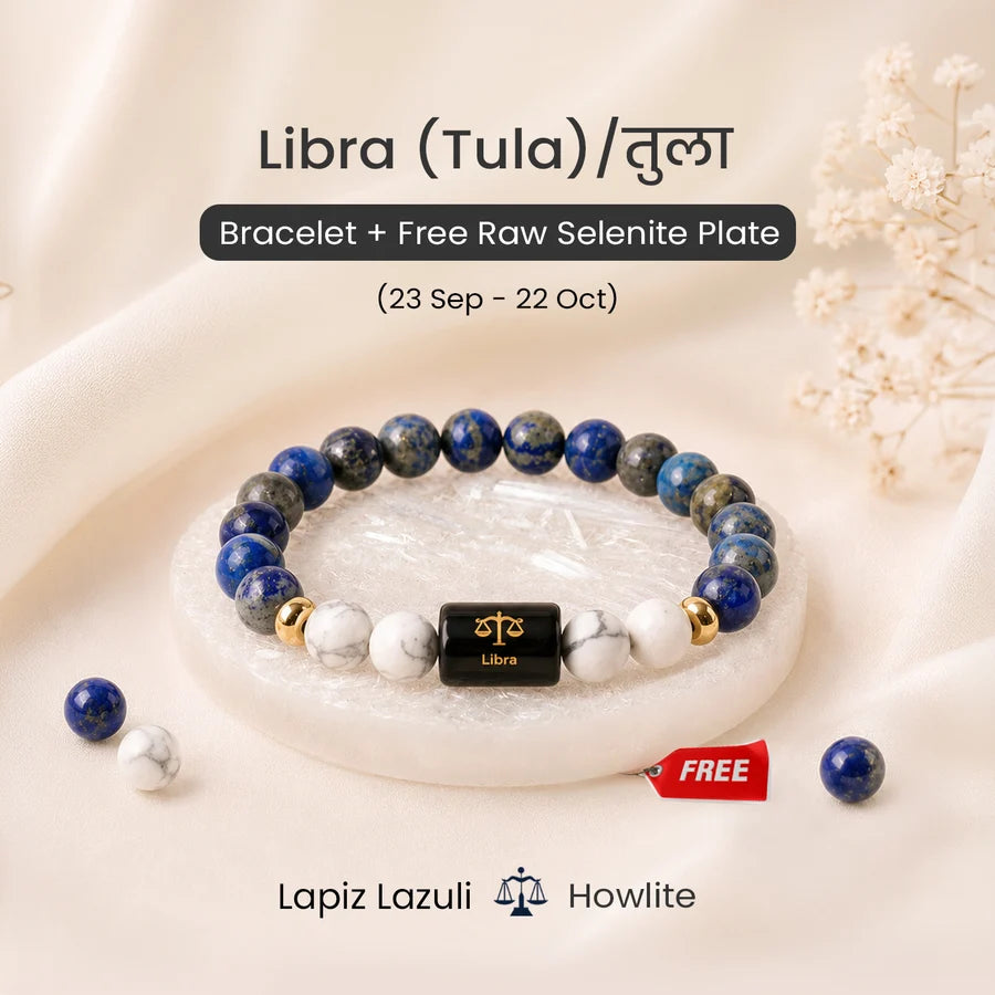 Libra (तुला राशि) Zodiac Bracelet (With Certificate) – Free Raw Selenite Plate