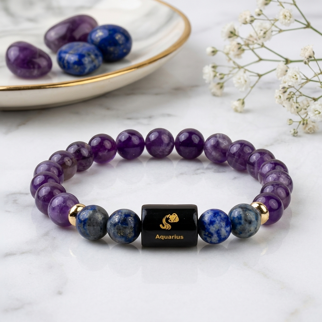 Aquarius (कुंभ राशि) Zodiac Amethyst & Lapis Lazuli Bracelet (With Certificate)