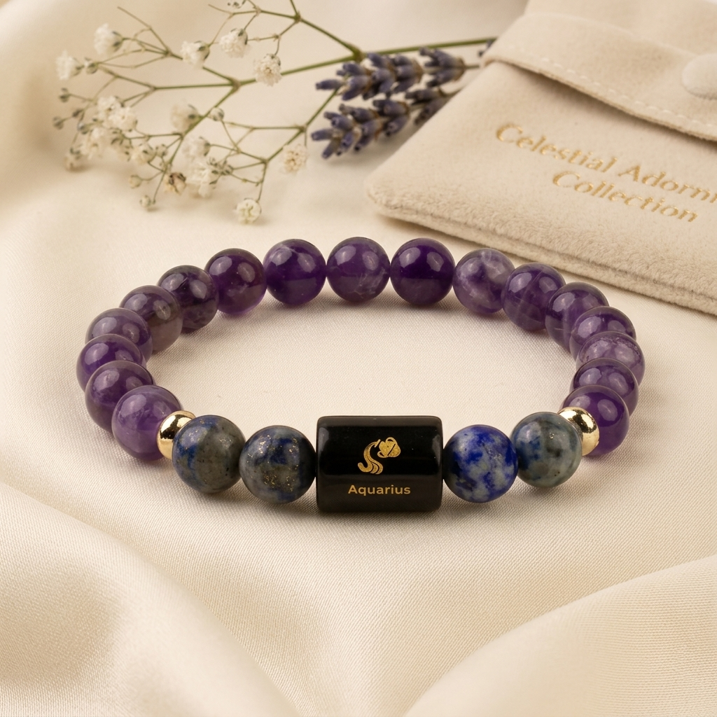 Aquarius (कुंभ राशि) Zodiac Amethyst & Lapis Lazuli Bracelet (With Certificate)