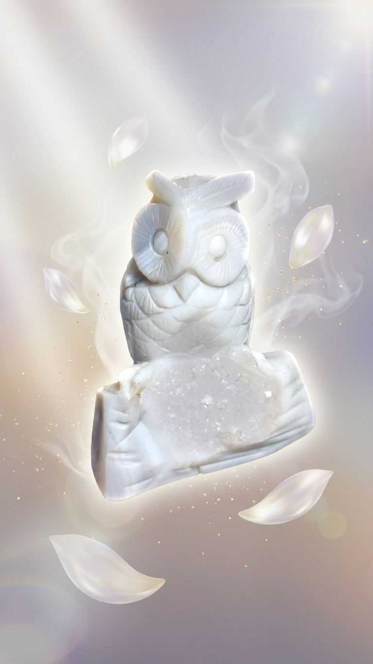 Natural White Onyx Druzy Owl (With Certificate) – Hand Carved Crystal | 259g