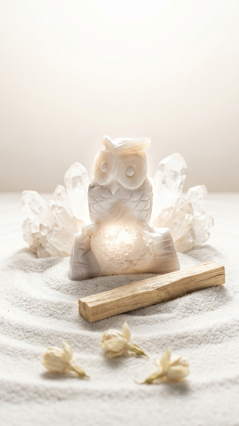 Natural White Onyx Druzy Owl (With Certificate) – Hand Carved Crystal | 259g