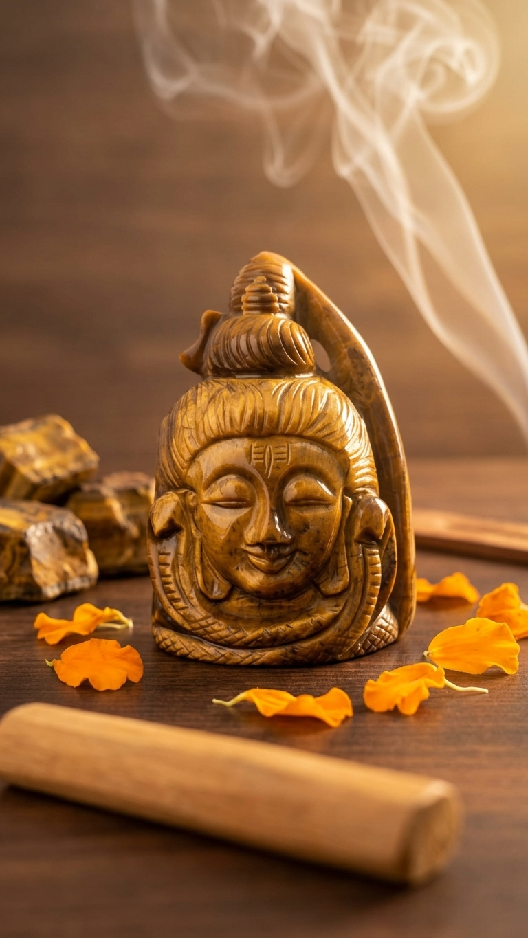 Natural Tiger Eye Lord Shiva Carving (With Certificate) – Hand Carved Crystal | 480g