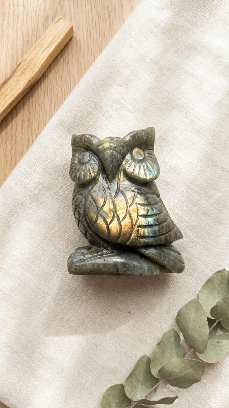 Natural Labradorite Owl (With Certificate) – Hand Carved Crystal | 316g