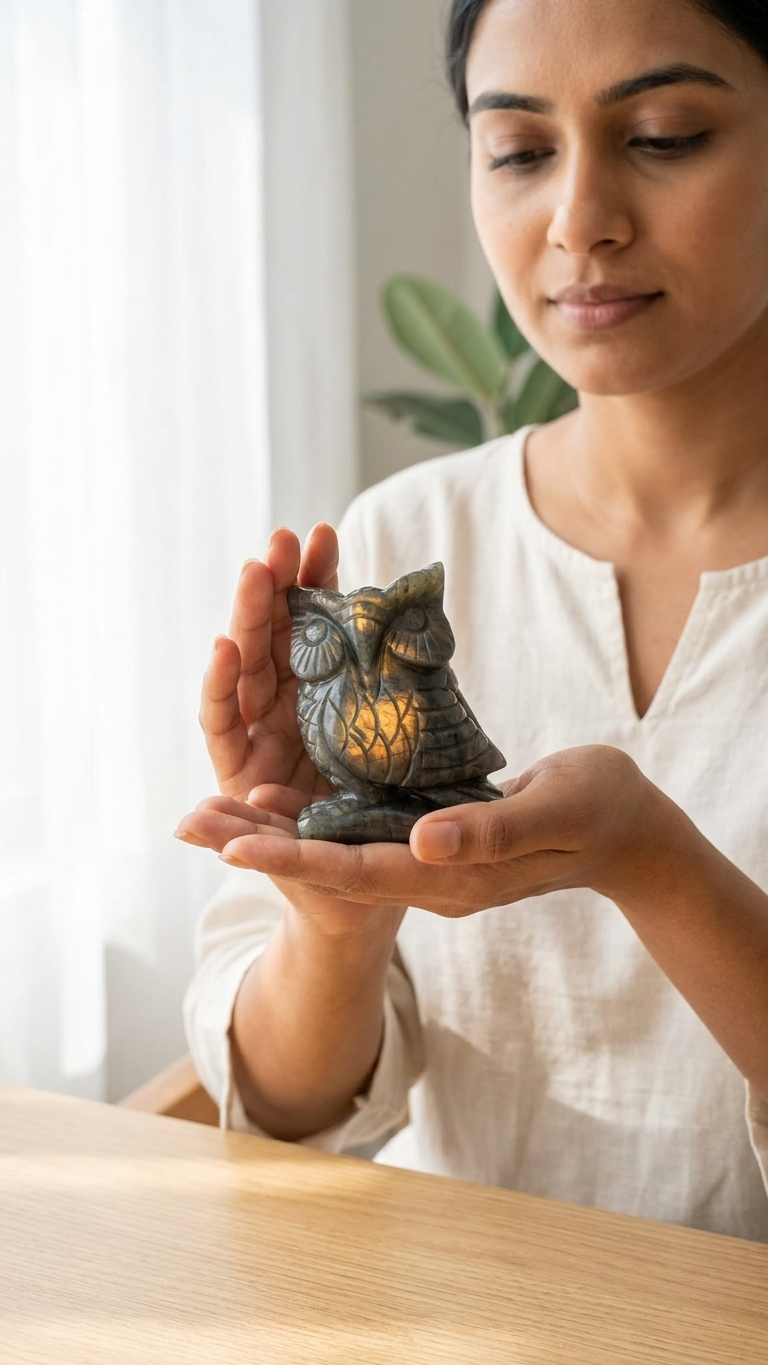 Natural Labradorite Owl (With Certificate) – Hand Carved Crystal | 316g