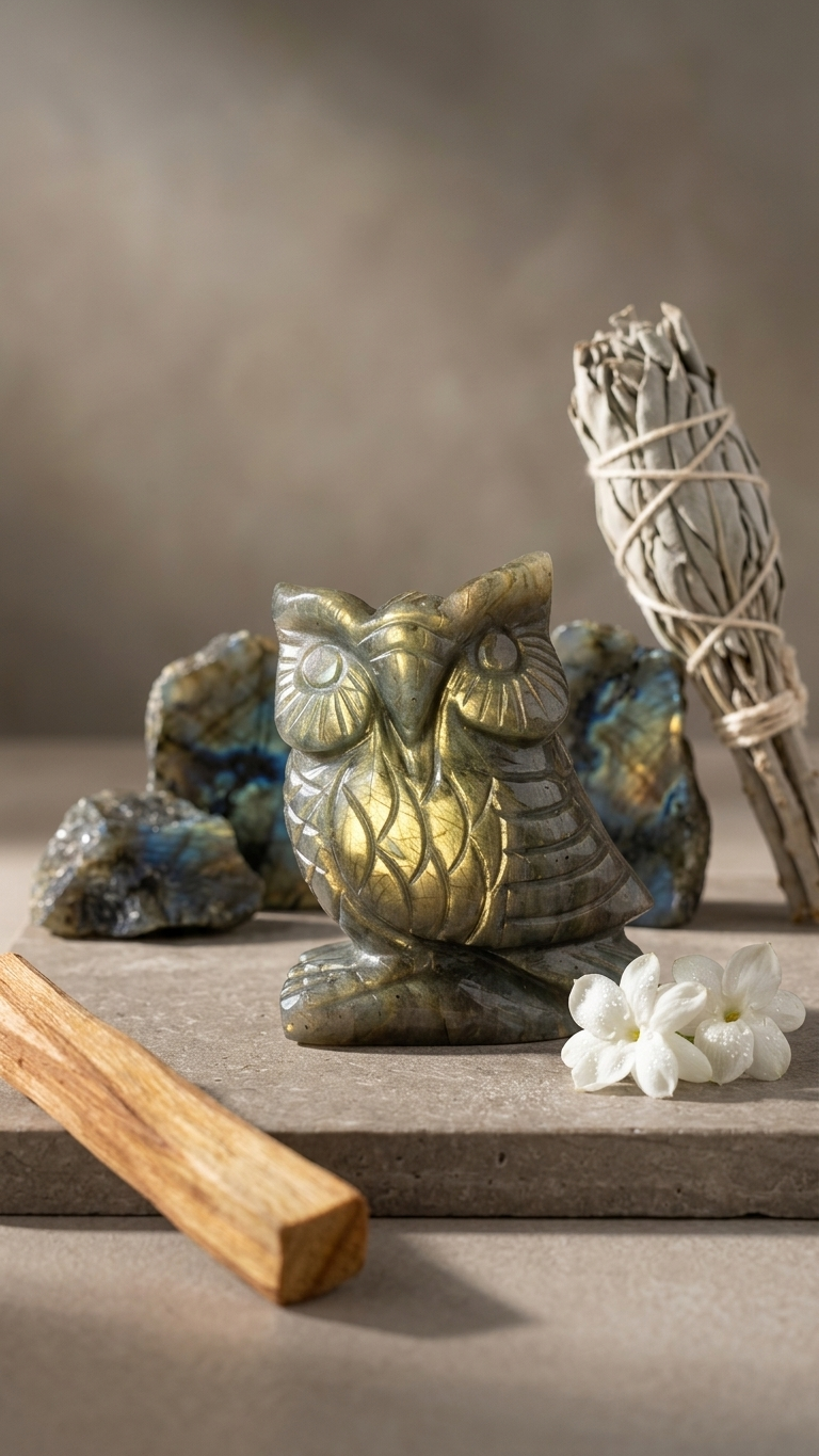 Natural Labradorite Owl (With Certificate) – Hand Carved Crystal | 316g