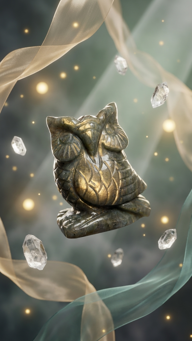 Natural Labradorite Owl (With Certificate) – Hand Carved Crystal | 316g