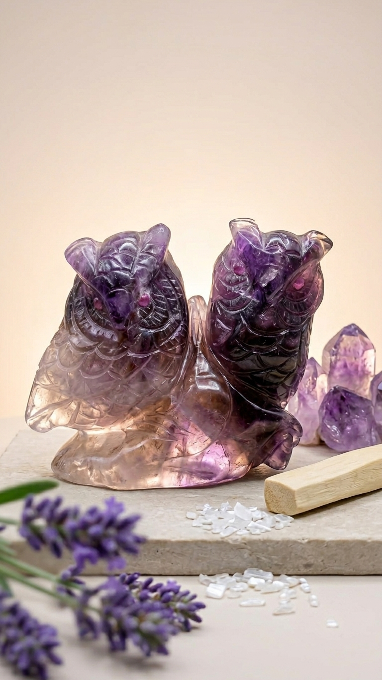 Natural Amethyst Double Owl Carving (With Certificate) – Premium Crystal Sculpture | 1234g