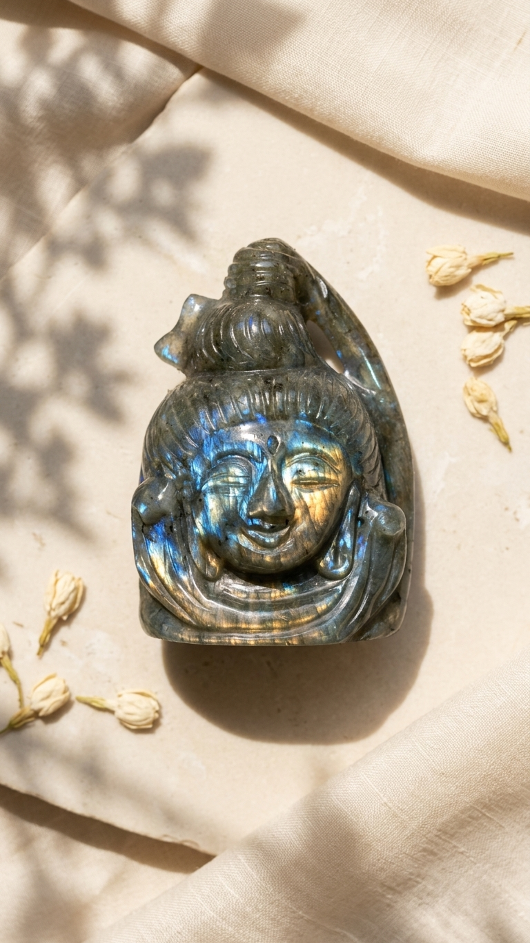 Natural Labradorite Lord Shiva Carving (With Certificate) – Hand Carved Crystal | 234g