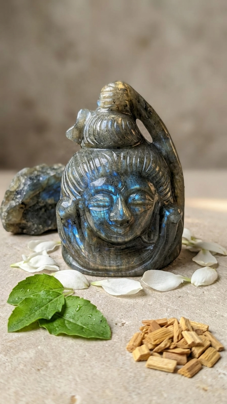 Natural Labradorite Lord Shiva Carving (With Certificate) – Hand Carved Crystal | 234g