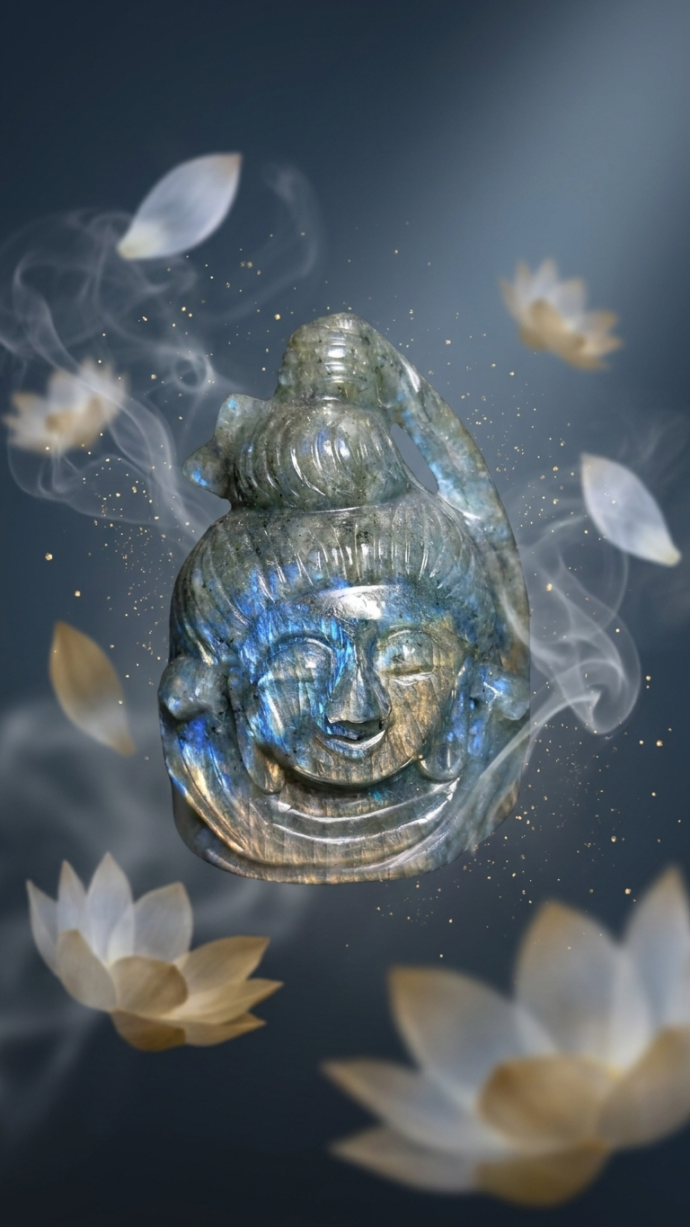 Natural Labradorite Lord Shiva Carving (With Certificate) – Hand Carved Crystal | 234g