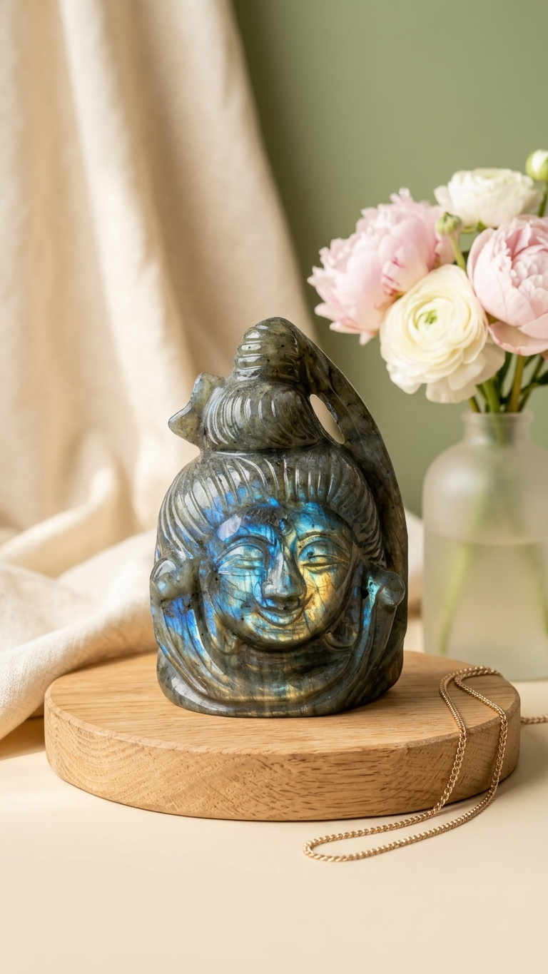Natural Labradorite Lord Shiva Carving (With Certificate) – Hand Carved Crystal | 234g