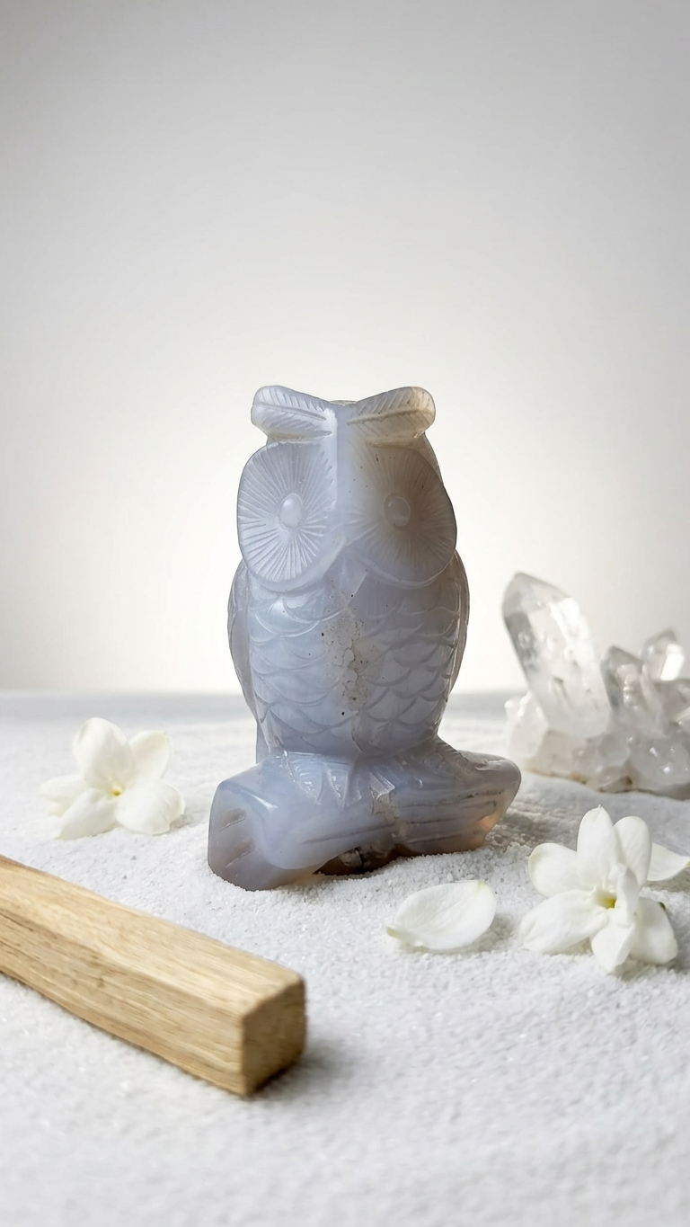 Natural White Onyx Owl (With Certificate) – Hand Carved Crystal | 400g