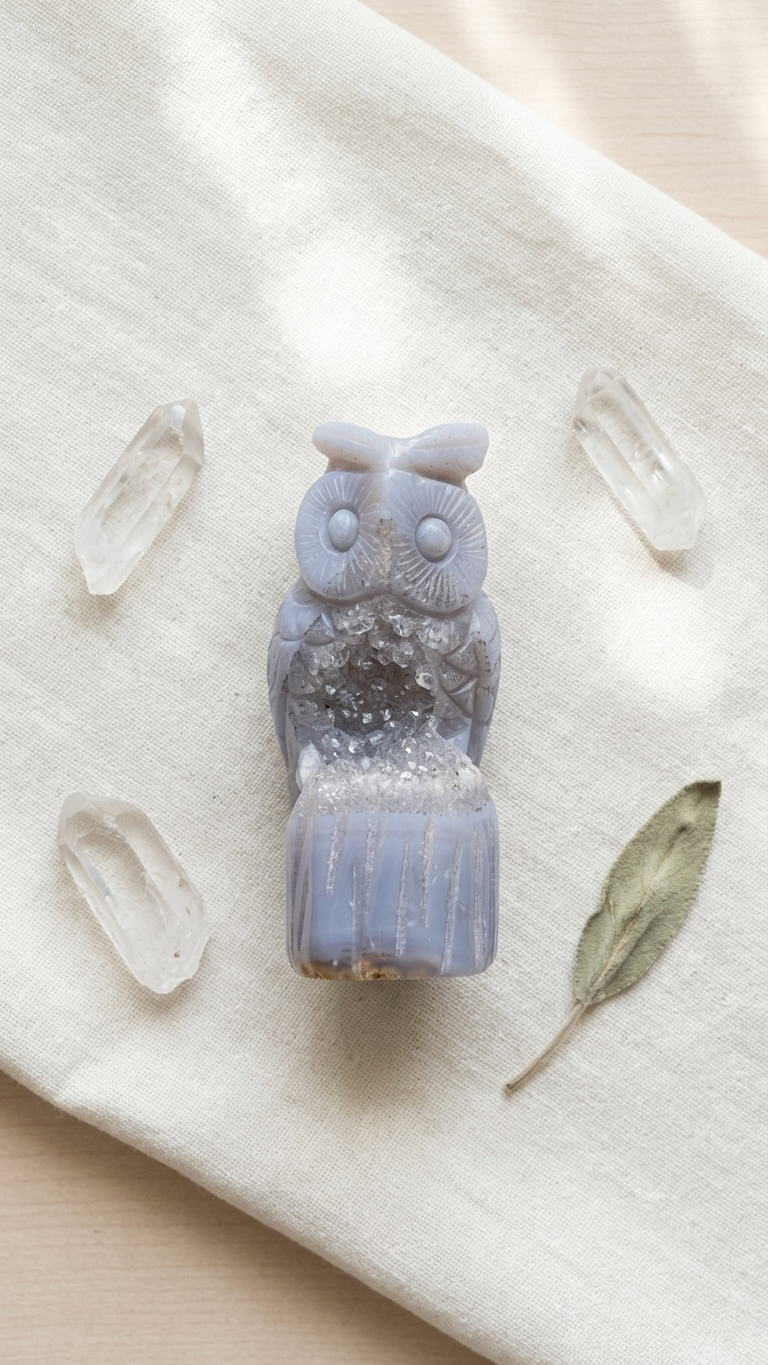 Natural White Onyx Druzy Owl (With Certificate) – Hand Carved Crystal | 164g