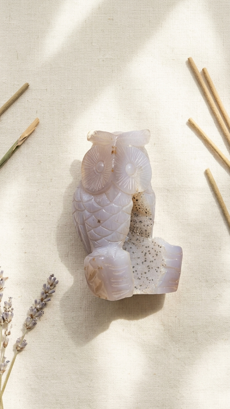 Natural White Onyx Druzy Owl (With Certificate) – Hand Carved Crystal | 234g