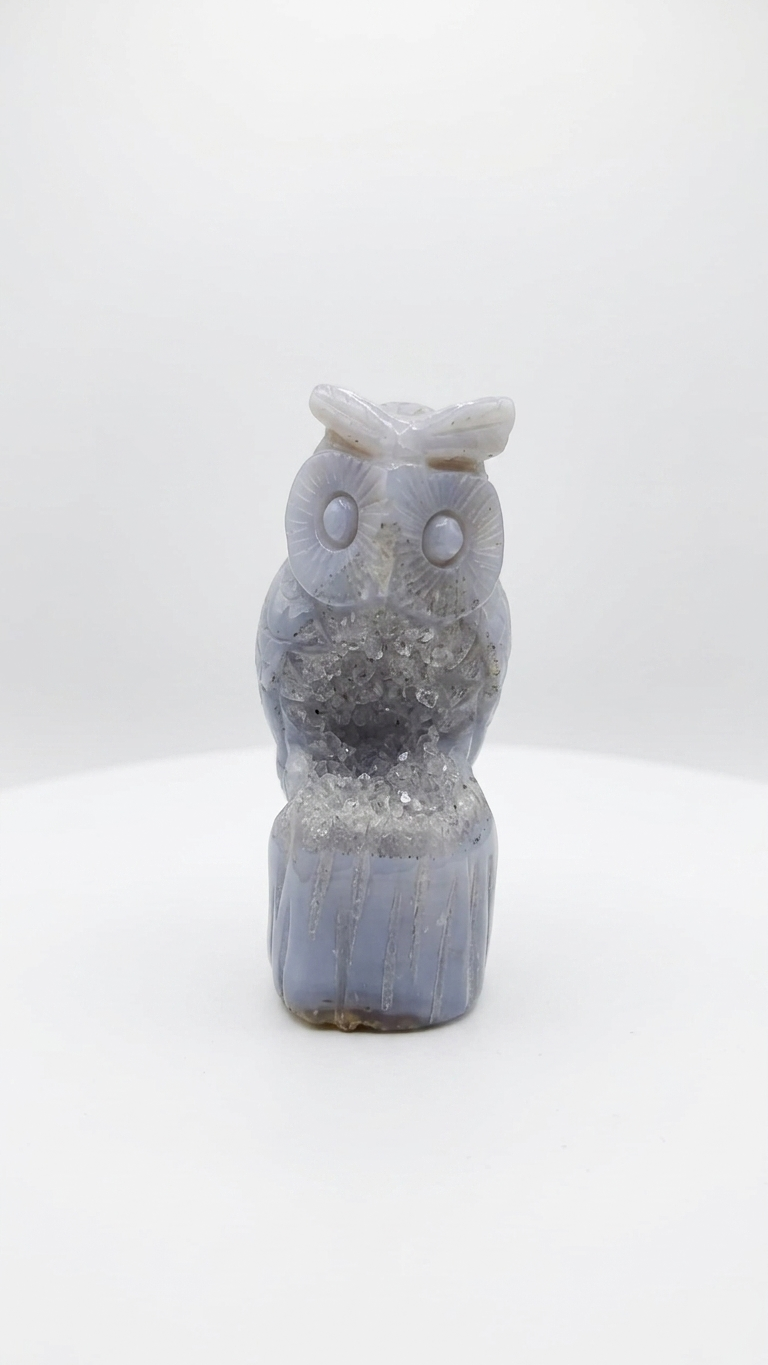 Natural White Onyx Druzy Owl (With Certificate) – Hand Carved Crystal | 164g