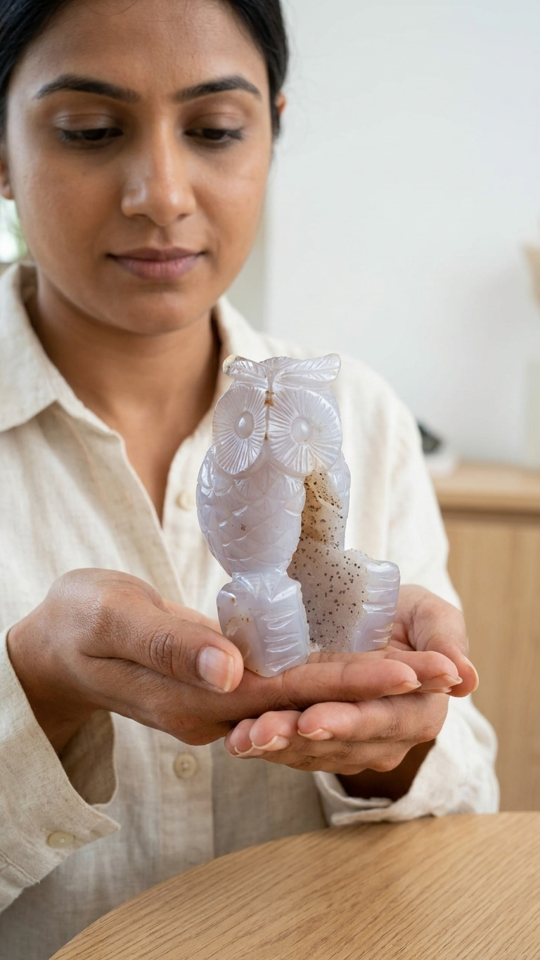 Natural White Onyx Druzy Owl (With Certificate) – Hand Carved Crystal | 234g