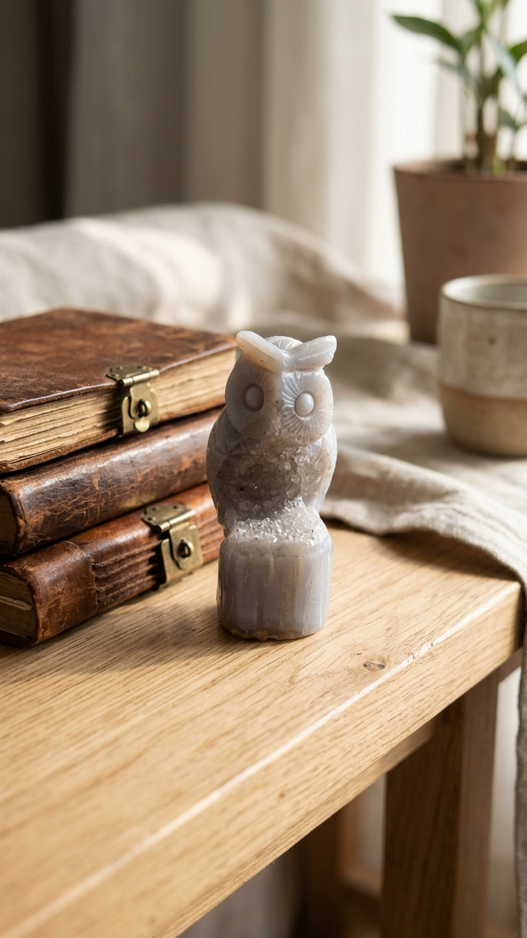 Natural White Onyx Druzy Owl (With Certificate) – Hand Carved Crystal | 164g