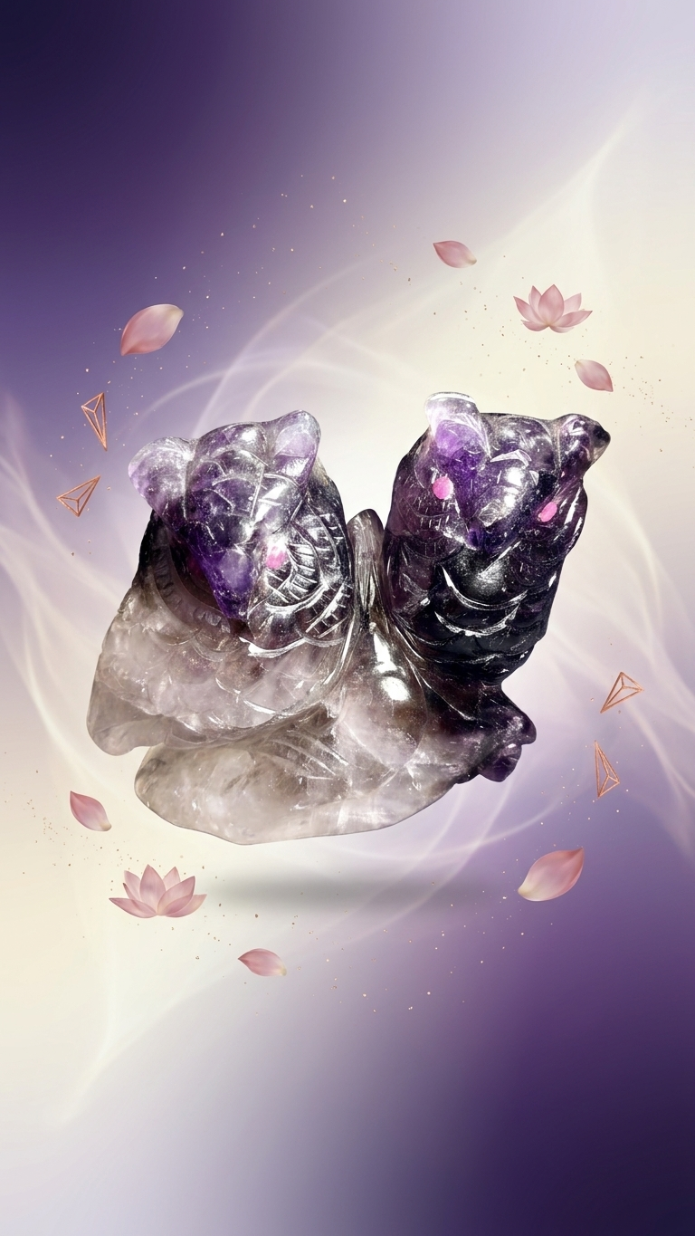 Natural Amethyst Double Owl Carving (With Certificate) – Premium Crystal Sculpture | 1234g
