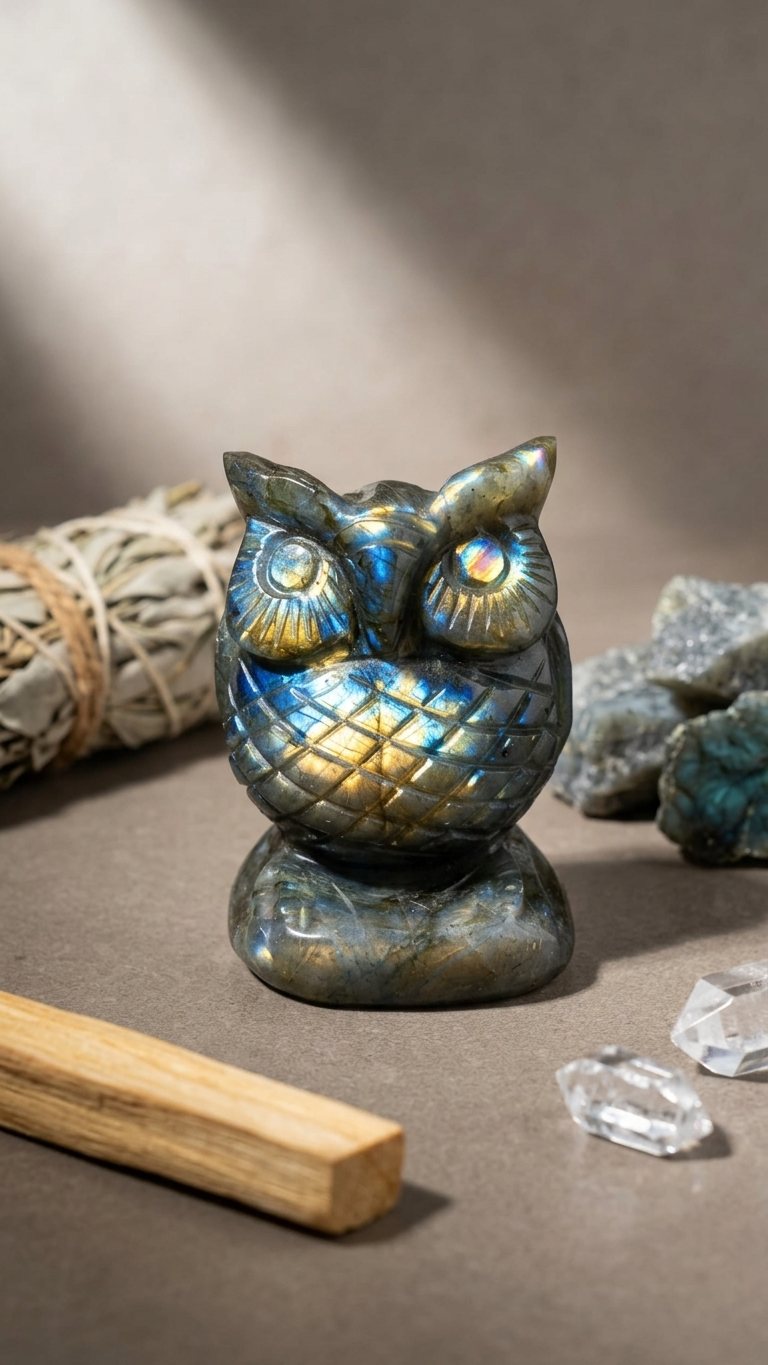 Natural Labradorite Owl (With Certificate) – Hand Carved Crystal | 249g