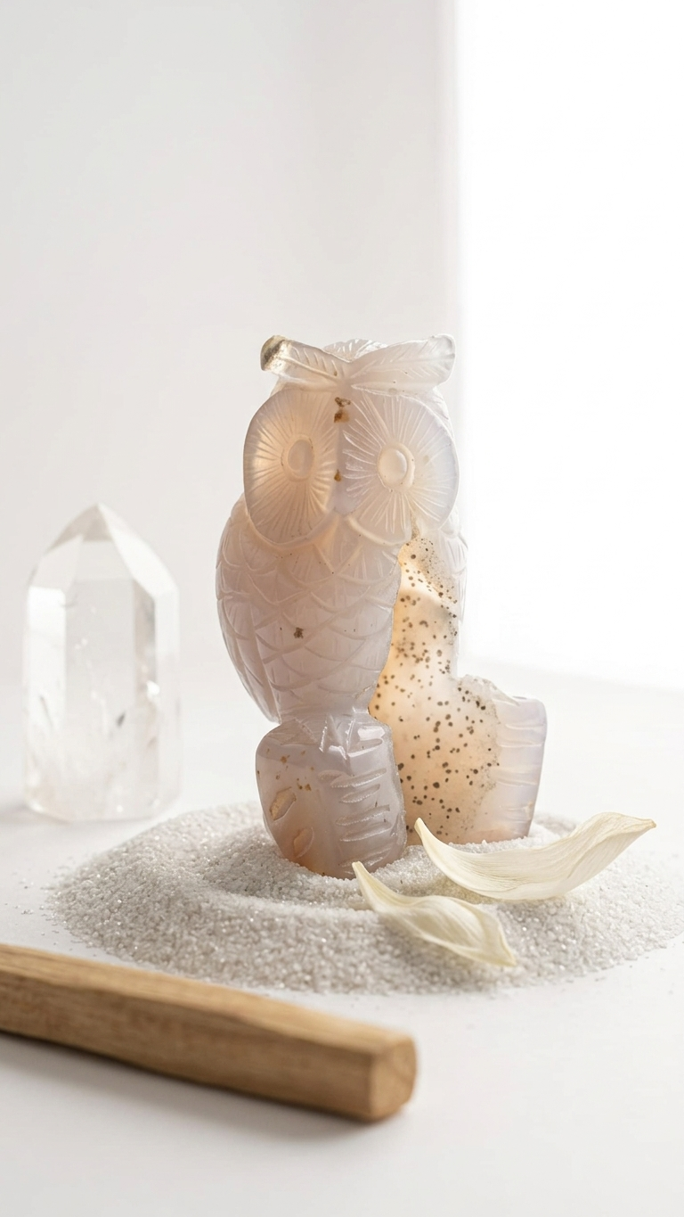 Natural White Onyx Druzy Owl (With Certificate) – Hand Carved Crystal | 234g