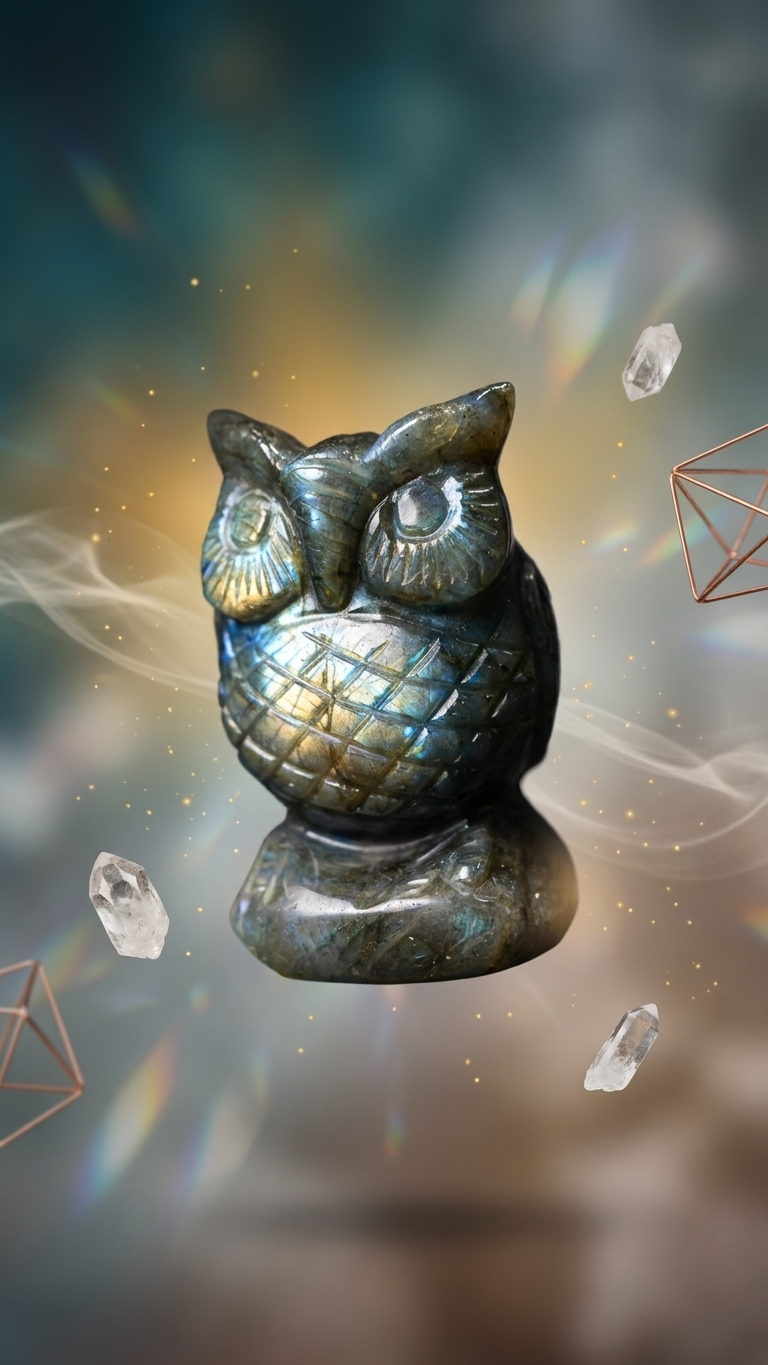 Natural Labradorite Owl (With Certificate) – Hand Carved Crystal | 249g