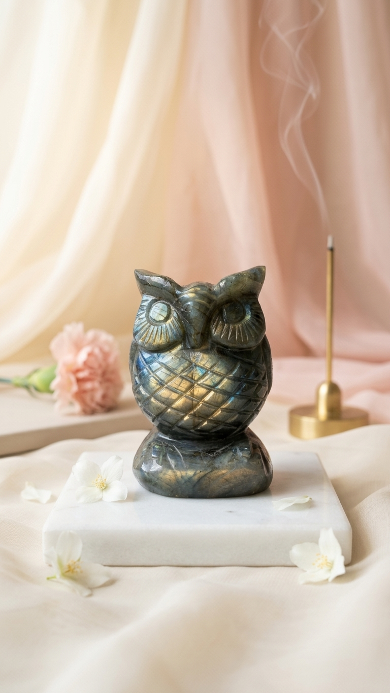 Natural Labradorite Owl (With Certificate) – Hand Carved Crystal | 249g