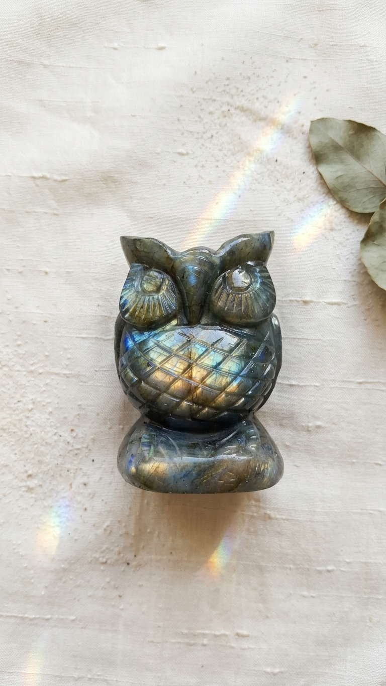Natural Labradorite Owl (With Certificate) – Hand Carved Crystal | 249g