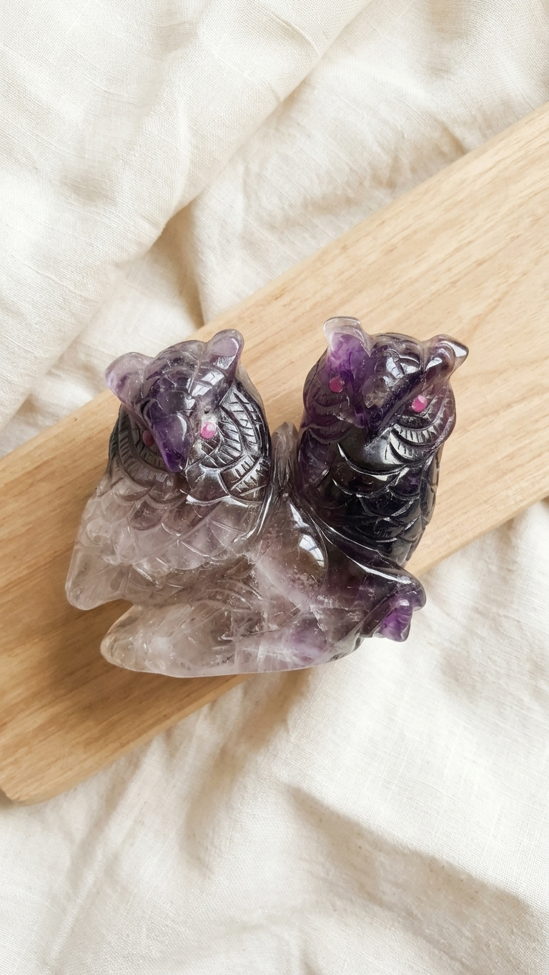Natural Amethyst Double Owl Carving (With Certificate) – Premium Crystal Sculpture | 1234g