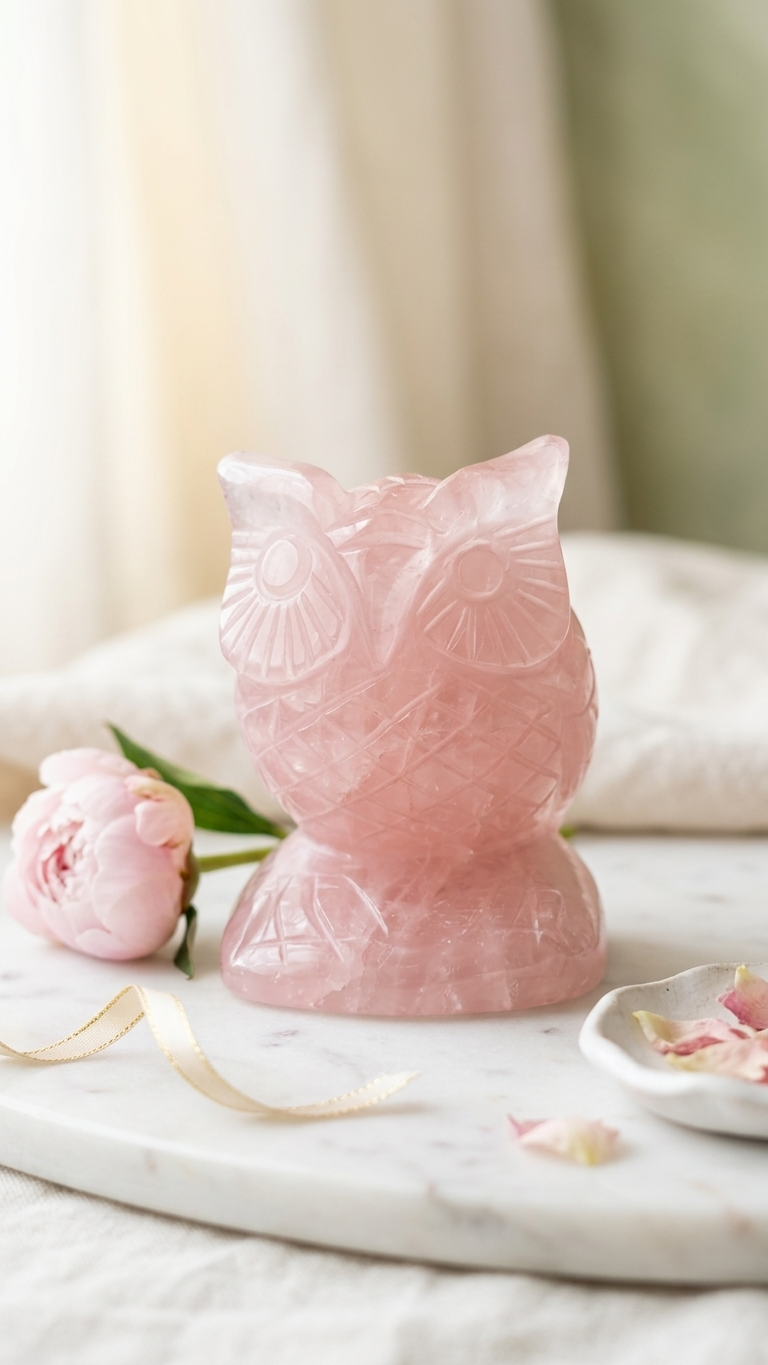 Natural Rose Quartz Owl (With Certificate) | 454g