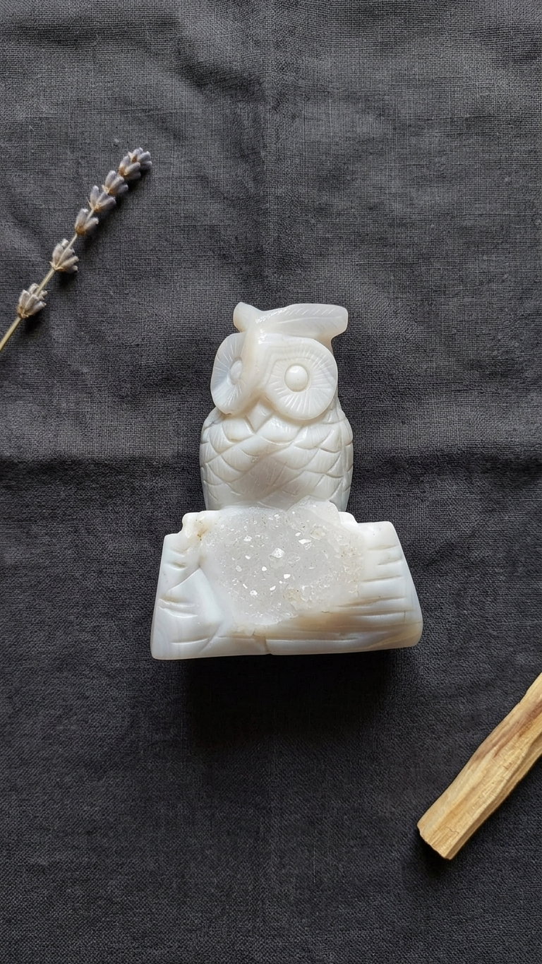 Natural White Onyx Druzy Owl (With Certificate) – Hand Carved Crystal | 259g